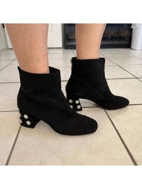 Nanette Lepore Rose Black Suede Ankle Boots Women’s 9M Pearl Embellished Heel
